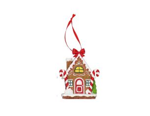 Suspension de Noël en forme de maison pain d’épices avec nœud rouge, porte rouge