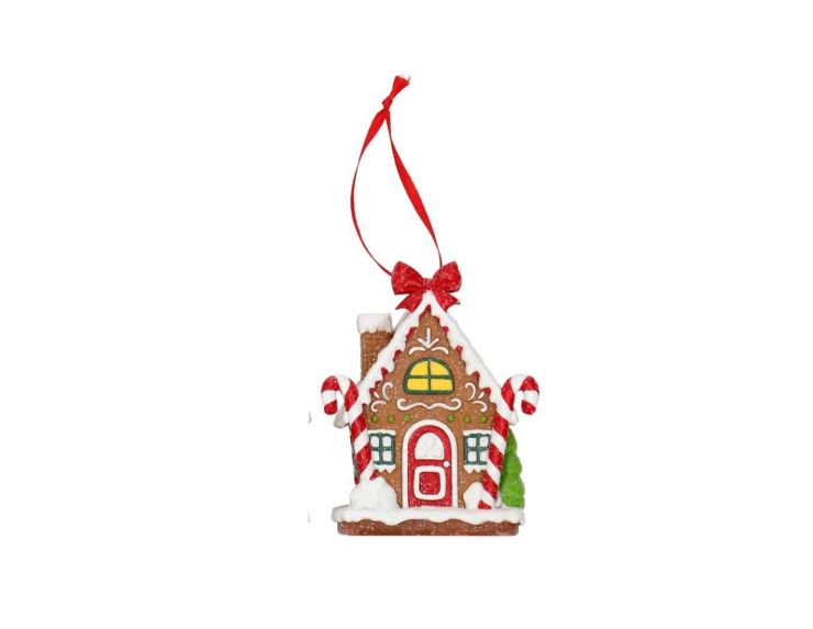 Suspension de Noël en forme de maison pain d’épices avec nœud rouge, porte rouge