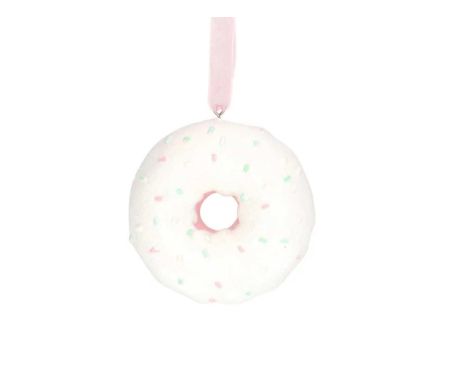 Suspension de Noël en forme de donut blanc givré, décorée de mini éclats pastel et ruban rose pâle. Hauteur 8 cm.