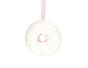 Suspension de Noël en forme de donut blanc givré, décorée de mini éclats pastel et ruban rose pâle. Hauteur 8 cm.