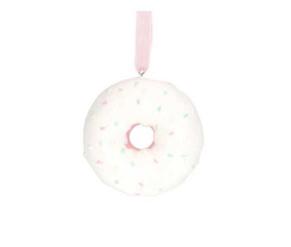 Suspension de Noël en forme de donut blanc givré, décorée de mini éclats pastel et ruban rose pâle. Hauteur 8 cm.
