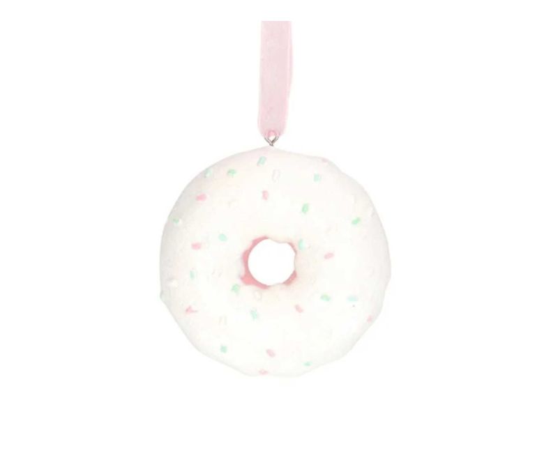 Suspension de Noël en forme de donut blanc givré, décorée de mini éclats pastel et ruban rose pâle. Hauteur 8 cm.