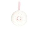 Voir la slide Suspension de Noël en forme de donut blanc givré, décorée de mini éclats pastel et ruban rose pâle. Hauteur 8 cm.
