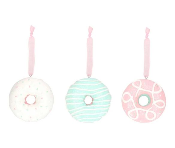 Suspension Noël donut résine vert menthe givré lignes ondulées blanches ruban rose pâle D8cm