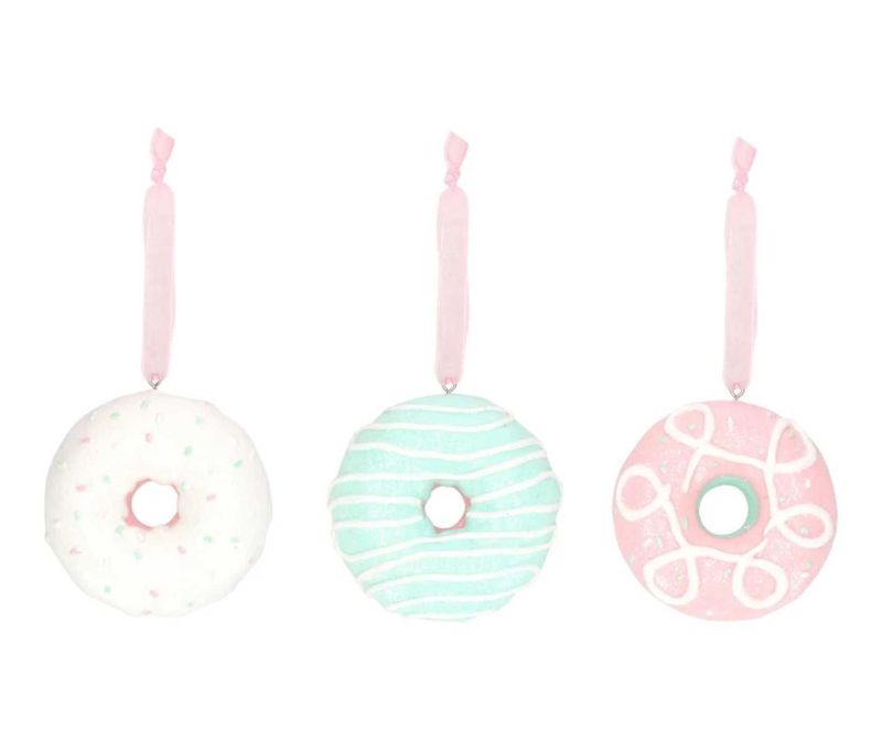 Suspension Noël donut résine vert menthe givré lignes ondulées blanches ruban rose pâle D8cm