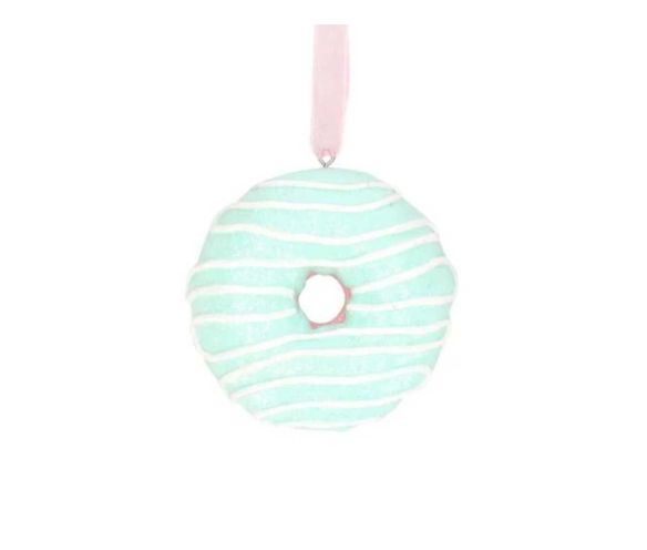Suspension Noël donut résine vert menthe givré lignes ondulées blanches ruban rose pâle D8cm