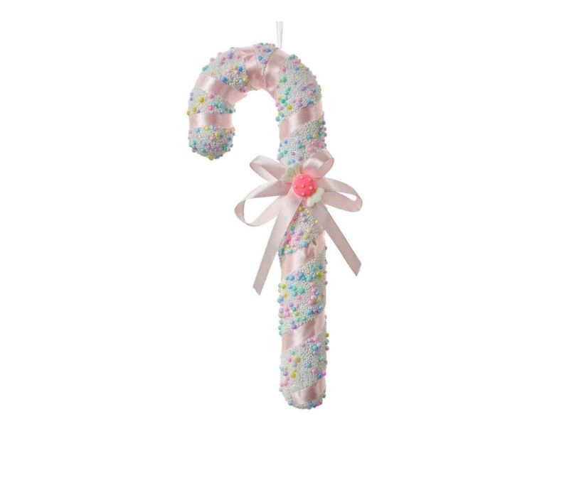 Suspension Noël sucre d'orge recouvert micro-perles multicolores pastel rayures roses satinées H26cm