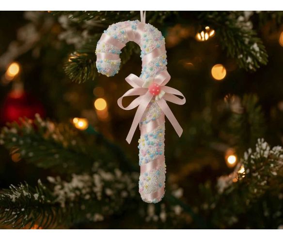 Suspension Noël sucre d'orge recouvert micro-perles multicolores pastel rayures roses satinées H26cm