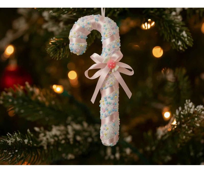 Suspension Noël sucre d'orge recouvert micro-perles multicolores pastel rayures roses satinées H26cm