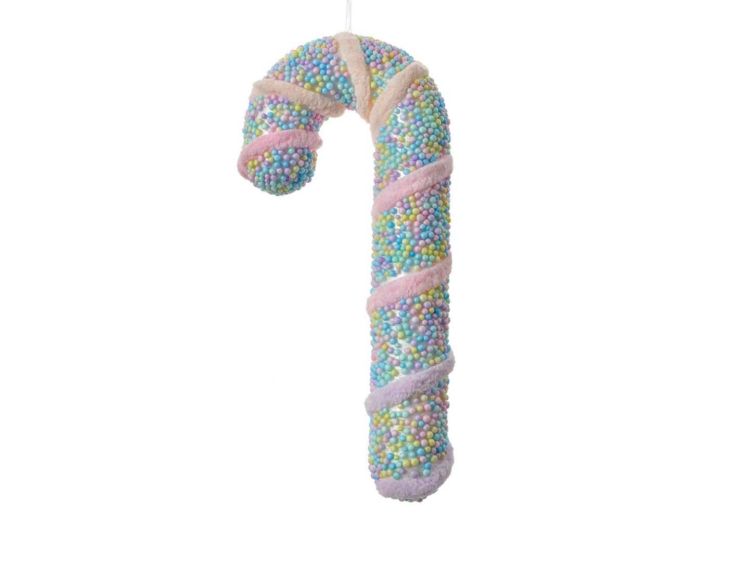 Suspension sucre d’orge décorée de billes pastel multicolores. Hauteur 20 cm.