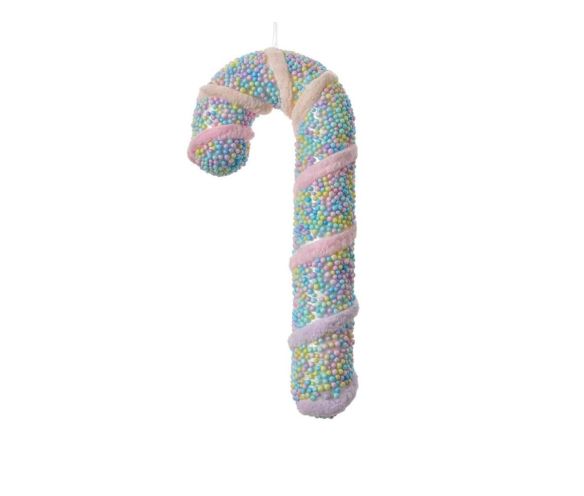 Suspension sucre d’orge décorée de billes pastel multicolores. Hauteur 20 cm.