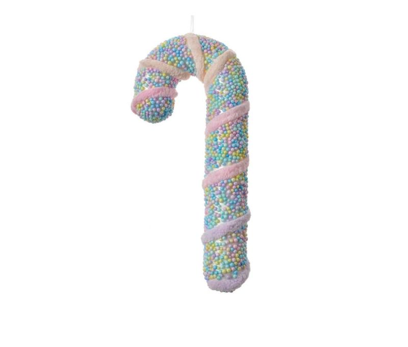 Suspension sucre d'orge billes pastel multicolores ruban rose H20cm