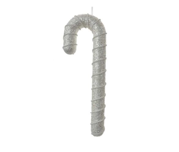 Suspension Noël sucre d'orge grand format entièrement recouvert paillettes blanc argenté scintillant H33cm