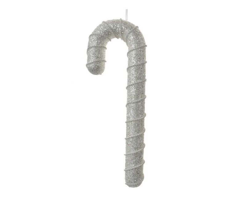 Suspension Noël sucre d'orge grand format entièrement recouvert paillettes blanc argenté scintillant H33cm