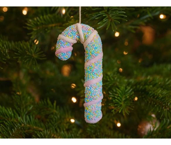 Suspension sucre d'orge billes pastel multicolores ruban rose H20cm
