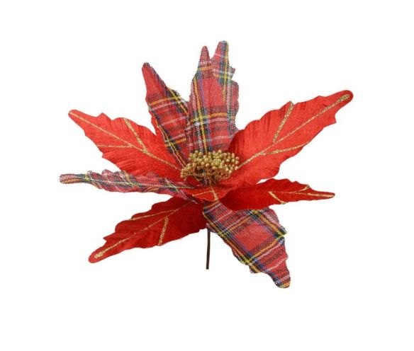Grande fleur poinsettia artificielle rouge pétales tissu uni et tartan nervures pailletées dorées cœur doré sur tige D39cm