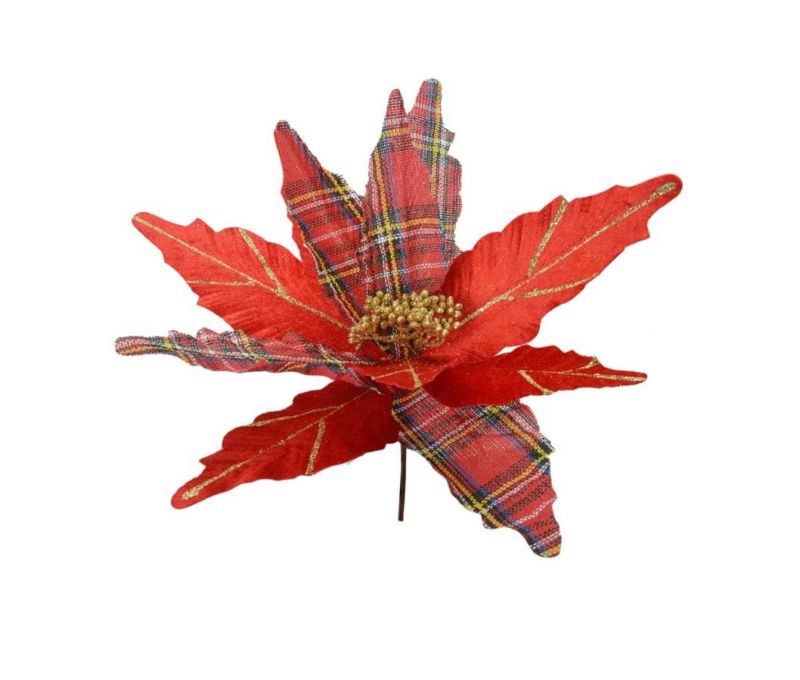 Grande fleur poinsettia artificielle rouge pétales tissu uni et tartan nervures pailletées dorées cœur doré sur tige D39cm