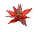 Voir la slide Grande fleur poinsettia artificielle rouge pétales tissu uni et tartan nervures pailletées dorées cœur doré sur tige D39cm