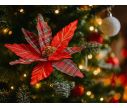 Voir la slide Grande fleur poinsettia artificielle rouge pétales tissu uni et tartan nervures pailletées dorées cœur doré sur tige D39cm