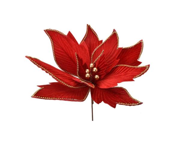 Grande fleur poinsettia artificielle rouge pétales veloutés bordures pailletées dorées perles centre sur tige D43cm