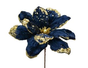 Tige fleur bleu marine dorée D 24 cm