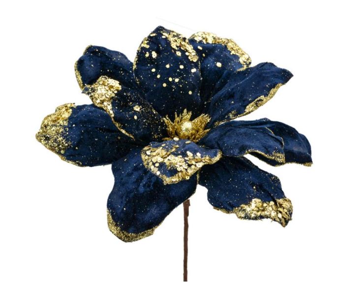 Tige fleur bleu marine dorée D 24 cm