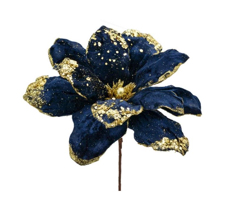 Grande fleur décorative artificielle velours bleu marine pétales sequins dorés éclats paillettes  D24cm