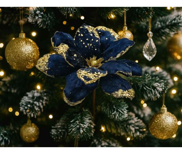Grande fleur décorative artificielle velours bleu marine pétales sequins dorés éclats paillettes  D24cm