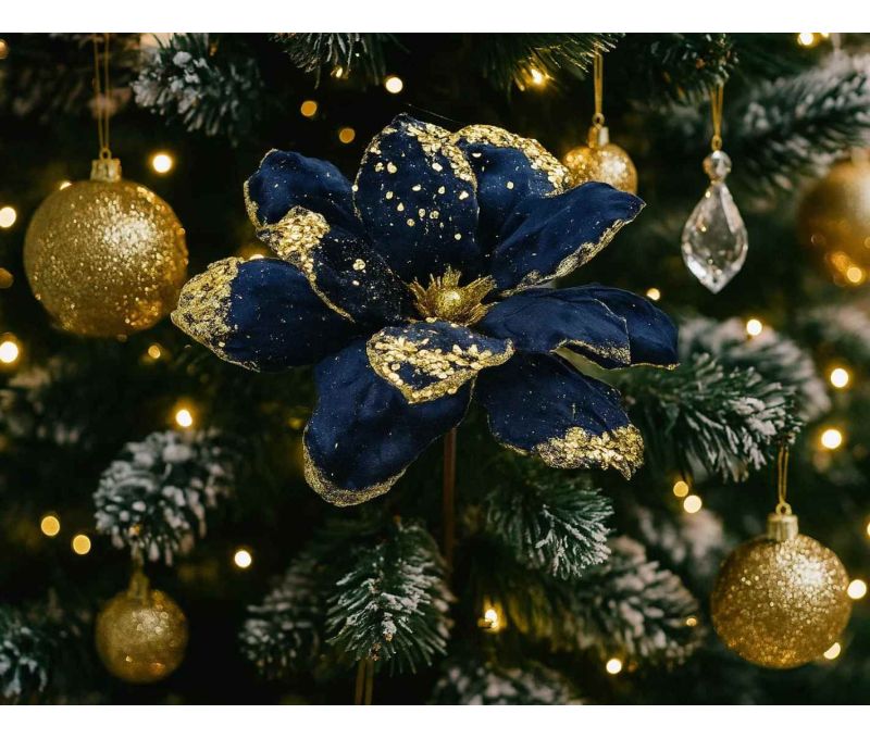 Grande fleur décorative artificielle velours bleu marine pétales sequins dorés éclats paillettes  D24cm