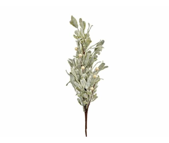 Branche gui artificielle givrée feuilles vert grisé perles ivoire tige marron H45cm décoration Noël