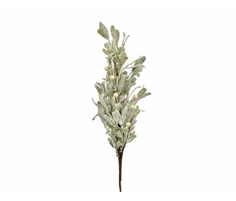 Branche gui artificielle givrée feuilles vert grisé perles ivoire tige marron H45cm décoration Noël