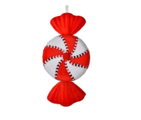 Suspension en forme de bonbon rouge et blanc. Hauteur 25 cm. En tissu doux avec détails cousus. À suspendre dans le sapin.