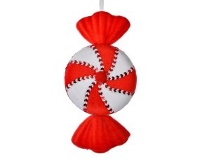 Suspension en forme de bonbon rouge et blanc. Hauteur 25 cm. En tissu doux avec détails cousus. À suspendre dans le sapin.