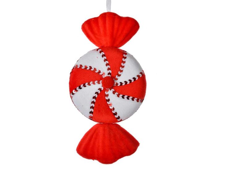 Suspension en forme de bonbon rouge et blanc. Hauteur 25 cm. En tissu doux avec détails cousus. À suspendre dans le sapin.
