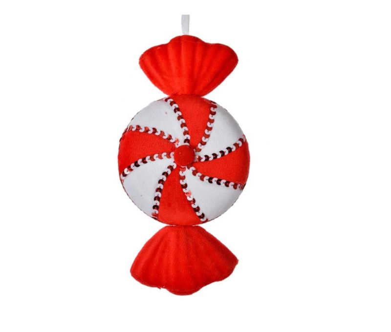 Suspension en forme de bonbon rouge et blanc. Hauteur 25 cm. En tissu doux avec détails cousus. À suspendre dans le sapin.