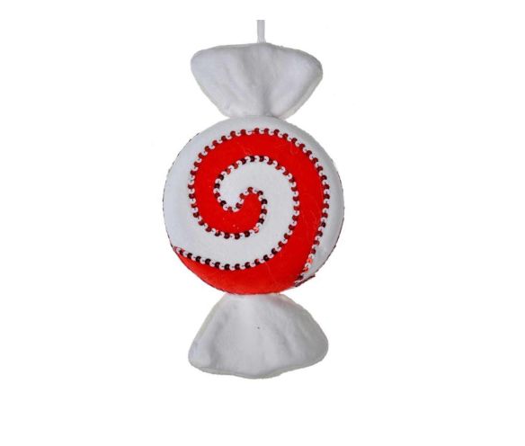 Suspension Noël tissu bonbon peppermint rond rouge blanc motif tourbillon sequins extrémités rouges H25cm
