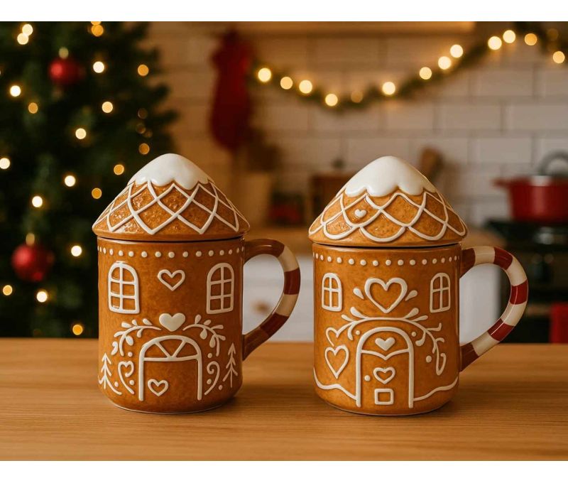 Mug céramique Noël maison pain d'épices coeurs blancs couvercle toit anse rayée 350ml