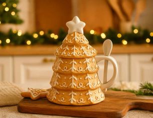 Mug en forme de sapin pain d’épices avec couvercle en étoile et cuillère assortie