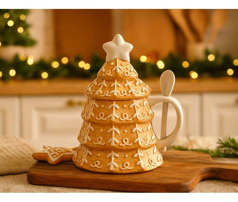 Mug céramique Noël forme sapin pain d'épices couvercle étoile cuillère motifs givrés H18cm 350ml