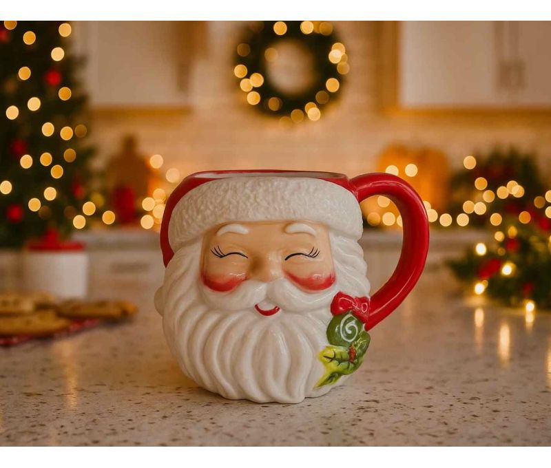 Mug céramique H16cm forme tête Père Noël rieur, bonnet rouge texturé, barbe blanche, anse assortie 550ml