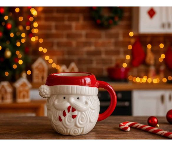 Mug céramique Noël visage Père Noël bonnet rouge barbe blanche sucre d'orge relief 500ml