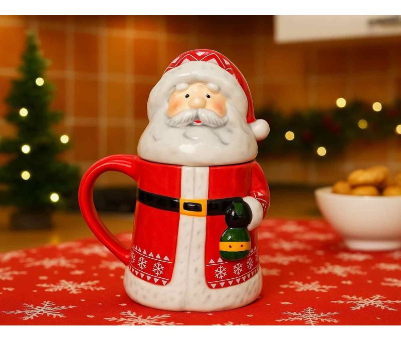 Mug céramique Noël Père Noël rouge couvercle tête barbe blanche lanterne 450ml H19cm