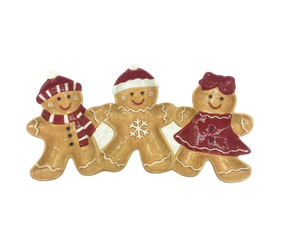 Plat céramique caramel trois bonhommes pain d'épices famille bonnets écharpe rouge blanc flocon L37cm