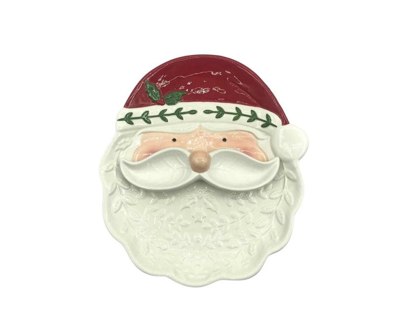 Plat céramique blanc rouge forme visage Père Noël bonnet rouge barbe blanche relief houx H29cm
