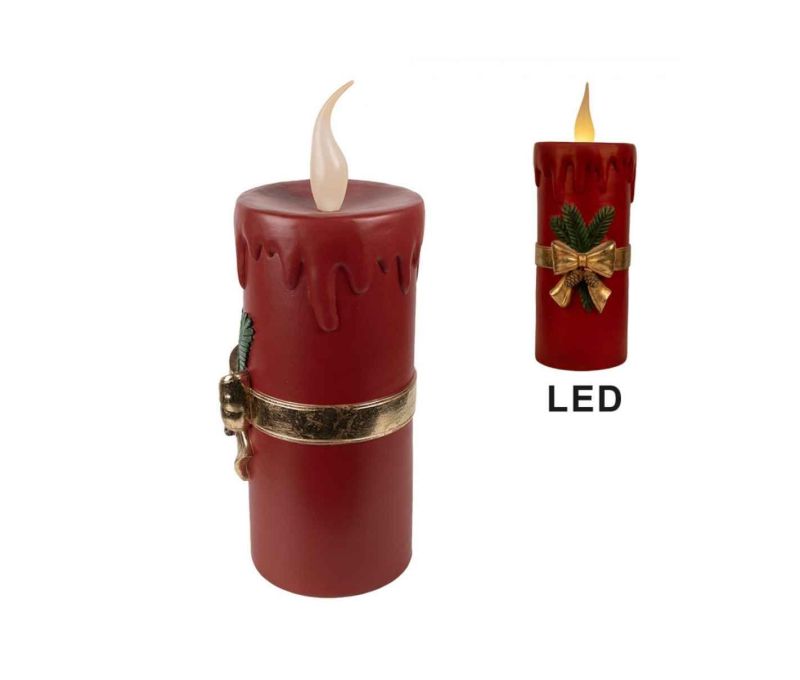 Grande bougie rouge vintage LED effet cire fondue ruban doré détails relief flamme scintillante H44cm - Lilosquare