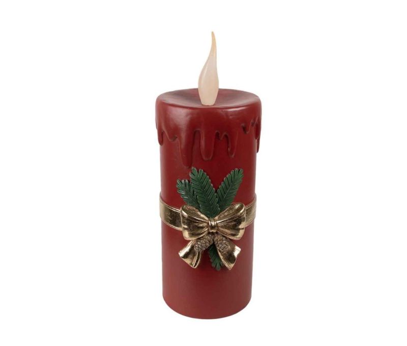 Grande bougie rouge vintage LED effet cire fondue ruban doré détails relief flamme scintillante H44cm - Lilosquare
