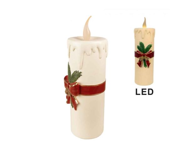 Grande bougie blanche vintage LED effet cire fondue nœud rouge branches sapin pommes de pin H56cm - Lilosquare
