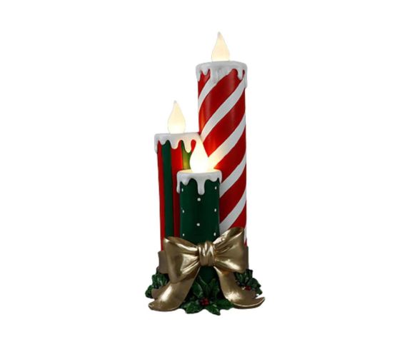 Trio de bougies LED décoratives en résine rouge et vert style sucre d'orge flamme vacillante nœud doré houx H41cm - Lilosquare