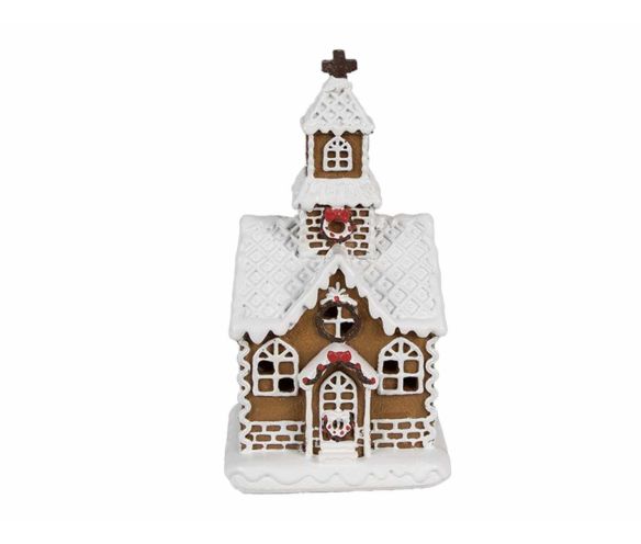 Maison pain d'épices LED chapelle brune glaçage blanc clocher croix couronne houx H15cm