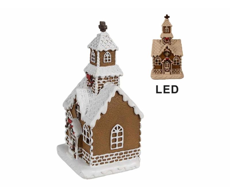 Maison pain d'épices LED chapelle brune glaçage blanc clocher croix couronne houx H15cm